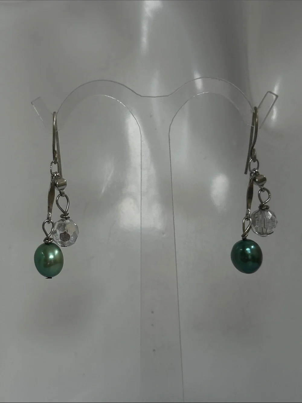 Green Pearl and Crystal Drop Earrings - Classic Dangle Style